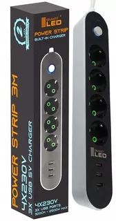 Predlžovací kábel sieťový - 3 m - 4 × 230V +3xUSB